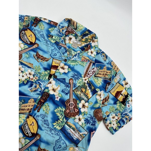 High Surf Mens Hawaiian Shirt Size 2XL Ukulele Surfboards Floral Palm Tree Blue - Picture 1 of 14